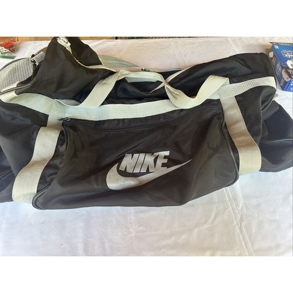 Vintage Nike Duffel Bag Black Spellout Swoosh 90s Y2K Gym Travel Flawed AsIs